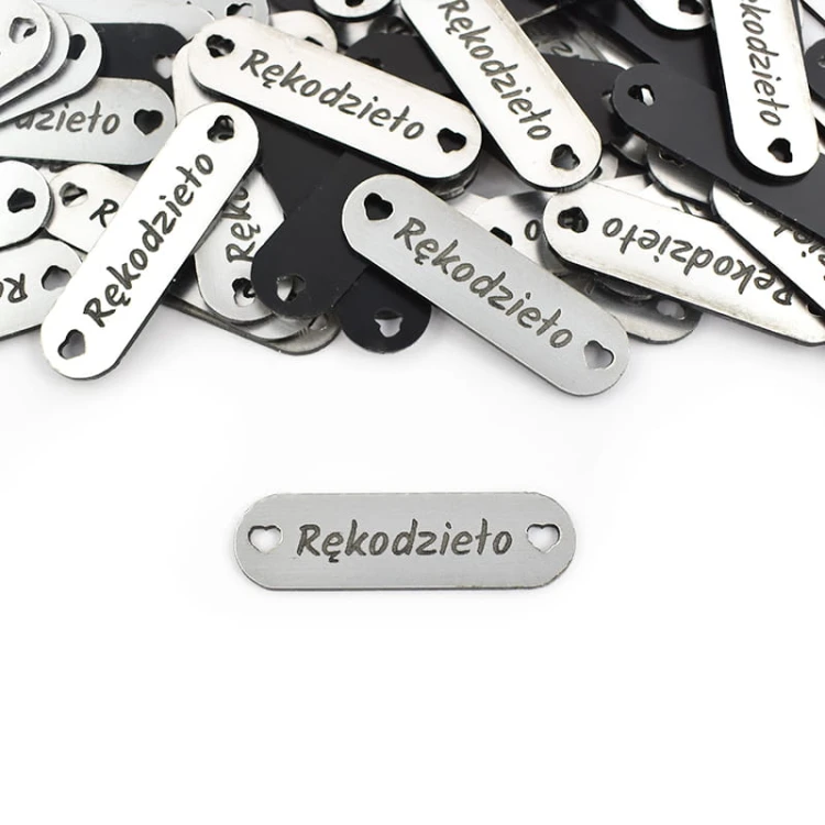 Zestaw metek metalizowanych "Rękodzieło" / srebro / 35 x 10 mm / 5 szt.