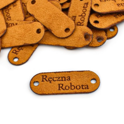 Zestaw metek nubuk premium "Ręczna robota" / rudy / 15 x 40 mm / 5 szt.