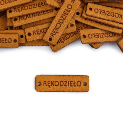 Zestaw metek nubuk premium "RĘKODZIEŁO" / rudy / 12 x 40 mm / 5 szt.