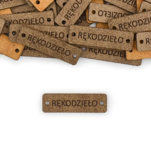 Zestaw metek skóra naturalna premium "RĘKODZIEŁO" / chłodny brąz / 12 x 40 mm / 5 szt.