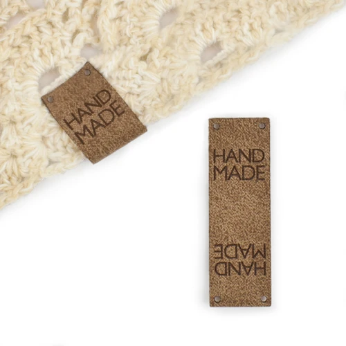 Zestaw metek skóra naturalna premium "HAND MADE" / chłodny brąz / 60 x 20 mm / 5 szt.
