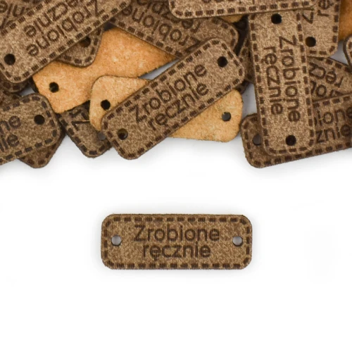 Zestaw metek skóra naturalna premium "Zrobione ręcznie" / chłodny brąz / 30 x 11 mm / 5 szt.