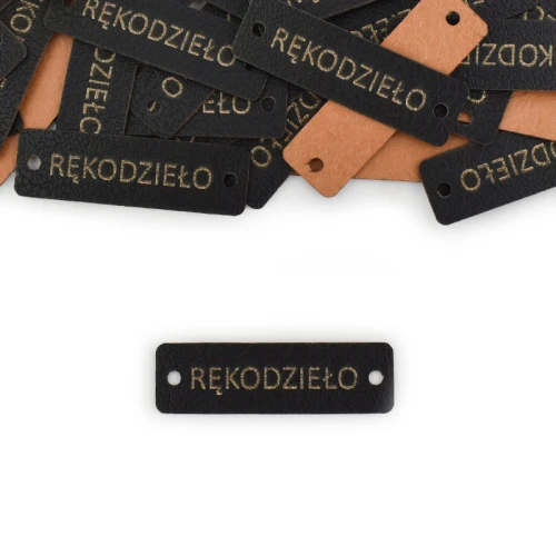 93594.webpZestaw metek ekoskóra "RĘKODZIEŁO" / czerń złoto / 12 x 40 mm / 5 szt.