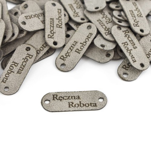 Zestaw metek nubuk premium "Ręczna robota" / szary / 15 x 40 mm / 5 szt.