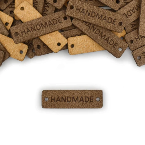Zestaw metek skóra naturalna premium "Handmade" / brąz / 40 x 12 mm / 5 szt.