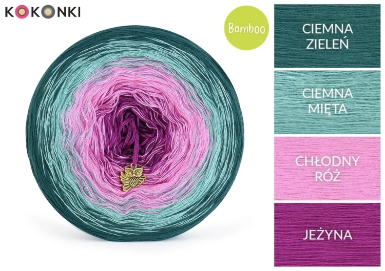 KOKONEK Bamboo BB93 - Ciemna zieleń/ciemna mięta/chłodny róż/jeżyna / 4 nitki / 1200 m / 240 g - GOTOWY