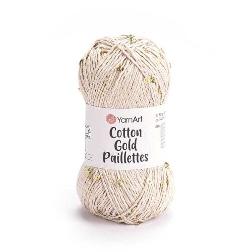 Włóczka z cekinami YarnArt Cotton Gold Paillettes 7104 / jasny beż ze złotem
