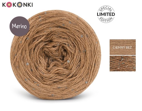 KOKONEK_Merino GLOW MG13 - Ciemny beż + cekiny kawa mrożona / 400 m / 3+1 nitki - GOTOWY