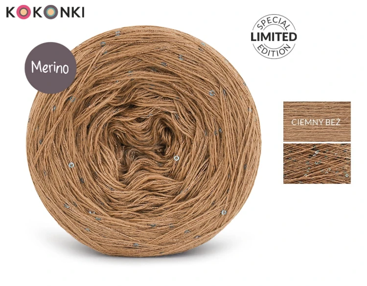 KOKONEK_Merino GLOW MG13 - Ciemny beż + cekiny kawa mrożona / 400 m / 3+1 nitki - GOTOWY
