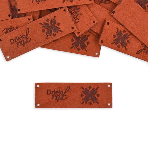 Metka nubuk premium "Dzieło rąk" / haft / rdza / 20 x 60 mm / 1 szt.
