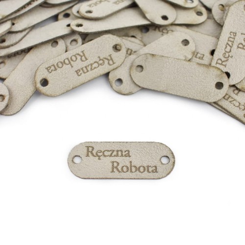 Metka nubuk premium "Ręczna Robota" / szarobeżowy / 15 x 40 mm / 1 szt.
