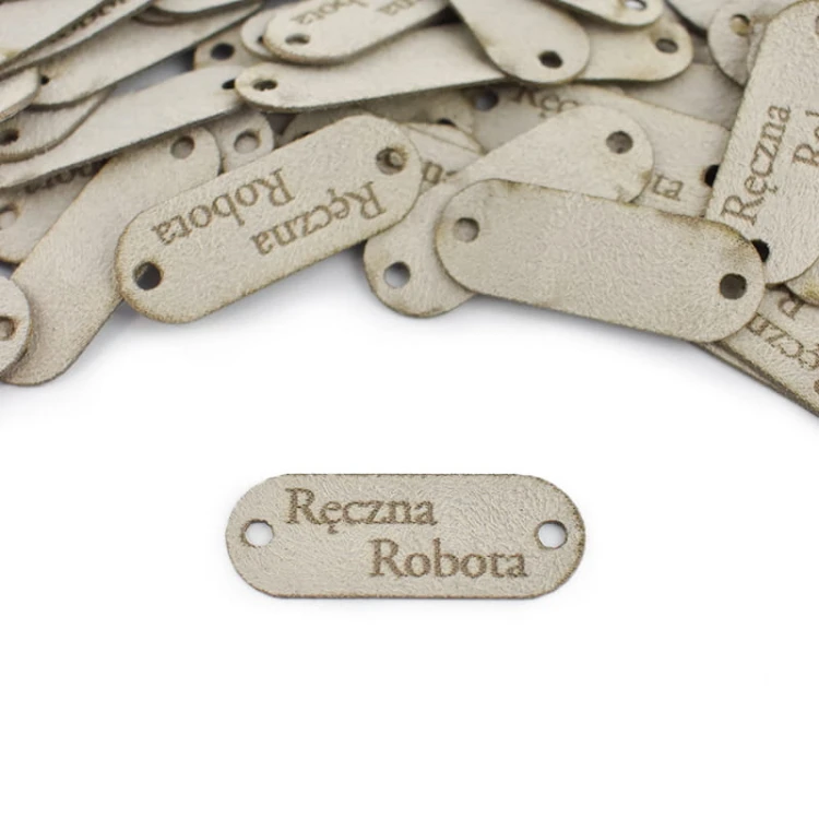 Metka nubuk premium "Ręczna Robota" / szarobeżowy / 15 x 40 mm / 1 szt.