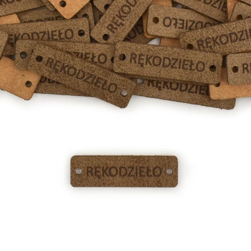 Metka skóra naturalna premium "RĘKODZIEŁO" / brąz / 40 x 12 mm / 1 szt.