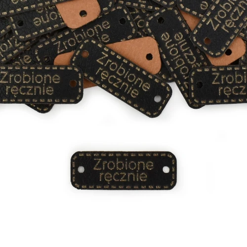 Metka ekoskóra "Zrobione ręcznie" / czerń złoto / 30 x 11 mm / 1 szt.