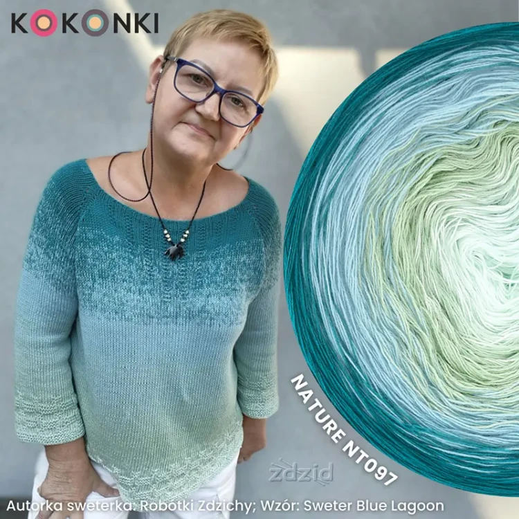 Autorka sweterka: Robótki Zdzichy; Wzór: Sweter Blue Lagoon