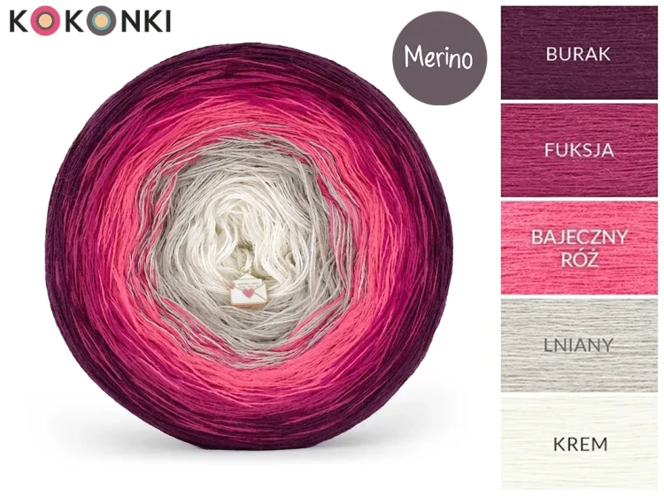 KOKONEK Merino 853 Wicklow - Burak/fuksja/bajeczny róż/lniany/krem