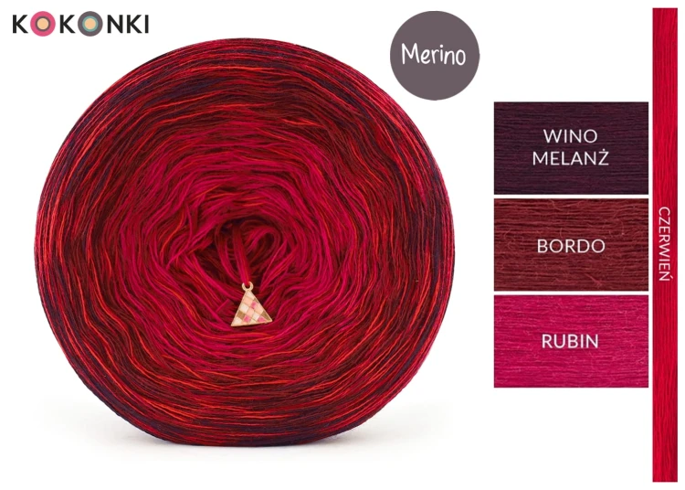 KOKONEK Rare Merino R185 Chocolate Chilli - Wino melanż/bordo/rubin + 1 nitka czerwień