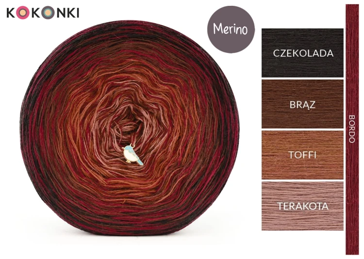 KOKONEK Rare Merino R187 Chocolate Chilli - Czekolada/toffi/terakota + 1 nitka bordo