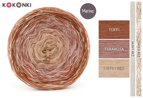 KOKONEK Merino Unikat MU10 Chocolate Chilli - Toffi/terakota/ciepły beż + 1 nitka jasny beż + 1 nitka tweed beż