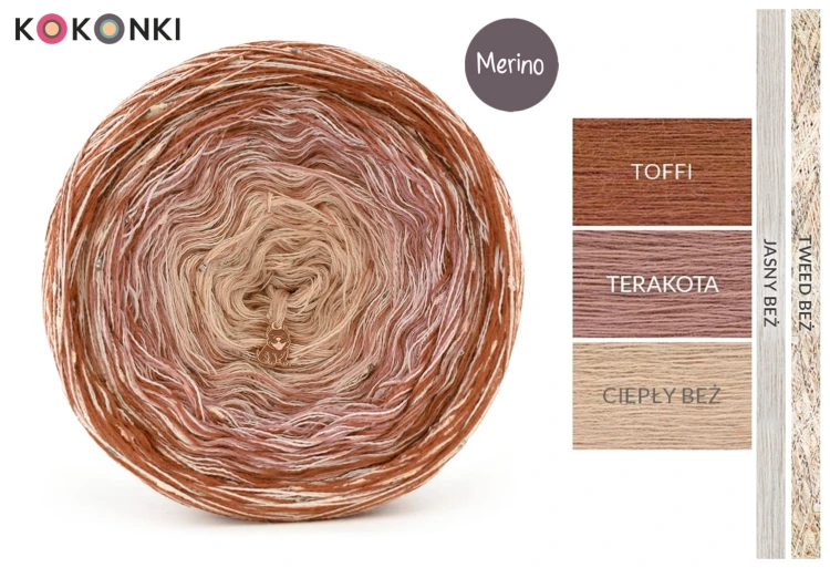 KOKONEK Merino Unikat MU10 Chocolate Chilli - Toffi/terakota/ciepły beż + 1 nitka jasny beż + 1 nitka tweed beż