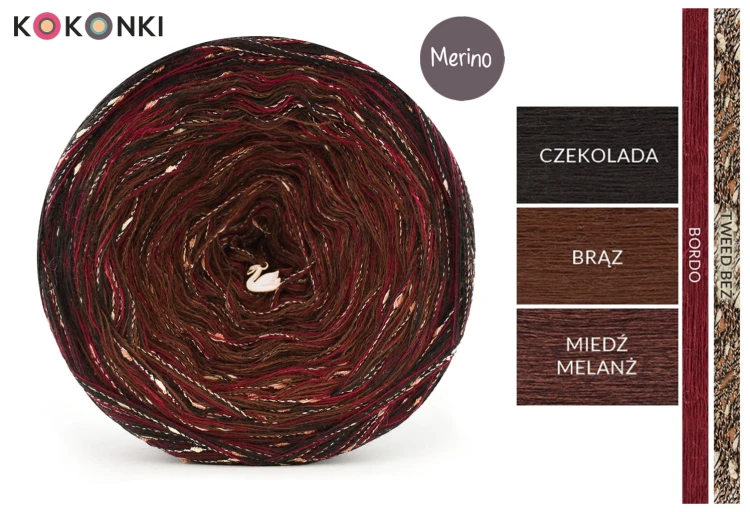 KOKONEK Merino Unikat MU11 Chocolate Chilli - Czekolada/brąz/miedź melanż + 1 nitka bordo + 1 nitka tweed toffi