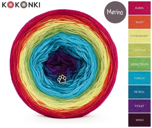 KOKONEK_Merino 9K 08 - Rubin/rudy/cytryna/limetka/jasna zieleń/turkus/petrol/fiolet/wino, 3 nitki, 1400 m, 300 g - GOTOWY