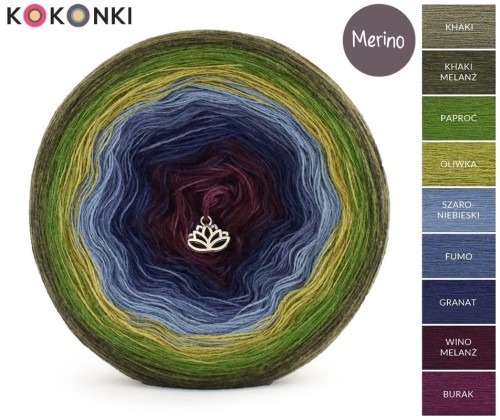 KOKONEK_Merino 9K 15 - Khaki/khaki melanż/paproć/oliwka/szaroniebieski/fumo/granat/wino melanż/burak, 3 nitki, 1400 m, 300 g - GOTOWY