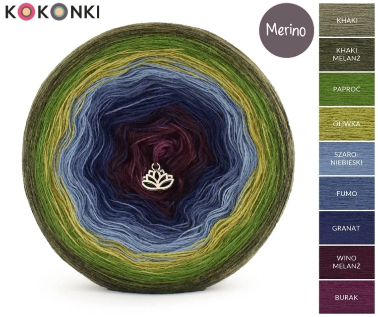 KOKONEK_Merino 9K 15 - Khaki/khaki melanż/paproć/oliwka/szaroniebieski/fumo/granat/wino melanż/burak, 3 nitki, 1400 m, 300 g - GOTOWY