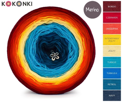 KOKONEK_Merino 9K 03 - Bordo/czerwień/jarzębina/intensywny żółty/żółty/turkus/turkus II/petrol/navy, 3 nitki, 1400 m, 300 g - GOTOWY