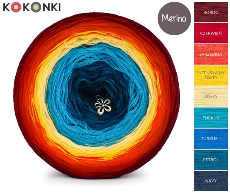 KOKONEK_Merino 9K 03 - Bordo/czerwień/jarzębina/intensywny żółty/żółty/turkus/turkus II/petrol/navy, 3 nitki, 1400 m, 300 g - GOTOWY