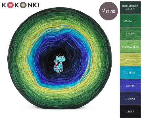 KOKONEK_Merino 9K 19 GOTOWY - Butelkowa zieleń/malachit/zieleń/jasna zieleń/ limetka/turkus/szafir/granat/czerń, 3 nitki, 1400 m, 300 g