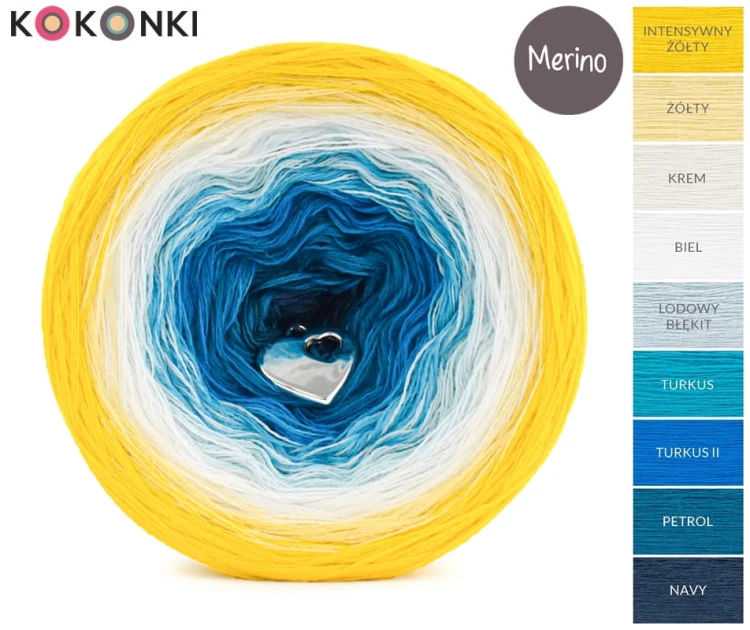 KOKONEK_Merino 9K 10 - Intensywny żółty/żółty/krem/biel/lodowy błękit/turkus/ turkus II/petrol/navy, 3 nitki, 1400 m, 300 g - GOTOWY