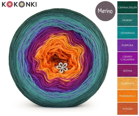 KOKONEK Merino 9K 13 - Ciemna zieleń/morski/szmaragd/purpura/ciemny cyklamen/jeżyna/kurkuma/pomarańcz/koniak / 3 nitki / 1400 m / 300 g