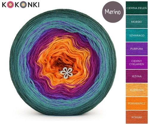 KOKONEK_Merino 9K 13 - Ciemna zieleń/morski/szmaragd/purpura/ciemny cyklamen/jeżyna/kurkuma/pomarańcz/koniak, 3 nitki, 1400 m, 300 g - GOTOWY