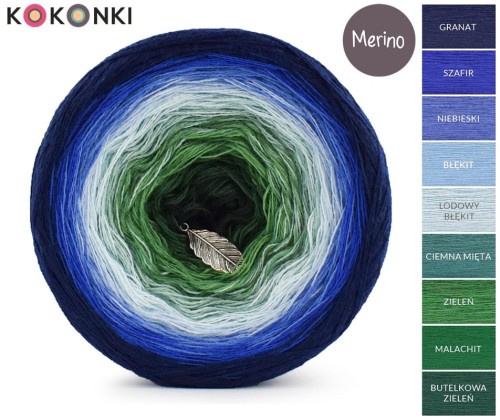 KOKONEK_Merino 9K 07 - Granat/szafir/niebieski/błękit/lodowy błękit/ciemna mięta/zieleń/malachit/butelkowa zieleń, 3 nitki, 1400 m, 300 g - GOTOWY