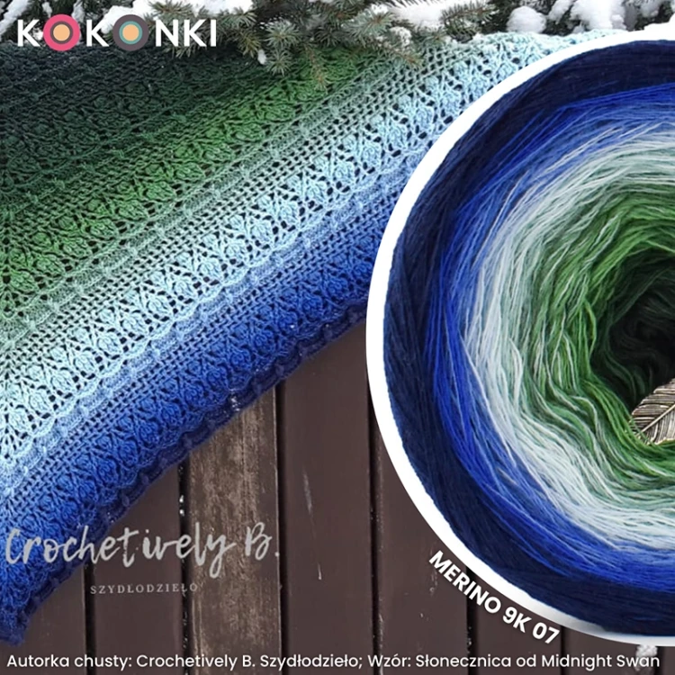 Autorka chusty: Crochetively B. Szydłodzieło;  Wzór: Słonecznica od Midnight Swan