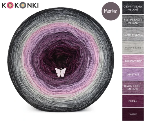 KOKONEK_Merino 9K 01 GOTOWY - Ciemny szary melanż/średni szary melanż/szary melanż/jasny szary/brudny róż/ametyst/blady fiolet melanż/burak/wino, 3 nitki, 1400 m, 300 g