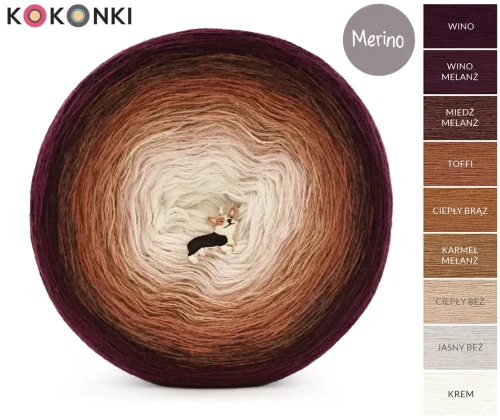 KOKONEK Merino 9K 21 - Wino/wino melanż/miedź melanż/toffi/ciepły brąz/karmel melanż/ciepły beż/jasny beż/krem / 3 nitki / 1400 m / 300 g