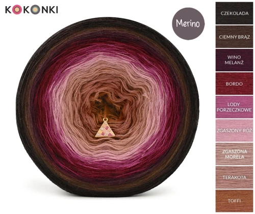 KOKONEK Merino 9K 30 - Czekolada/ciemny brąz/wino melanż/bordo/lody porzeczkowe/zgaszony róż/zgaszona morela/terakota/toffi / 3 nitki / 1400 m / 300 g