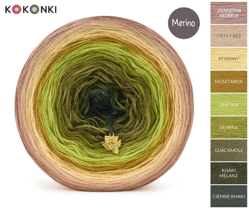 KOKONEK Merino 9K 29 - Zgaszona morela/ciepły beż/ptysiowy/musztarda/limetka/oliwka/guacamole/khaki melanż/ciemne khaki / 3 nitki / 1400 m / 300 g