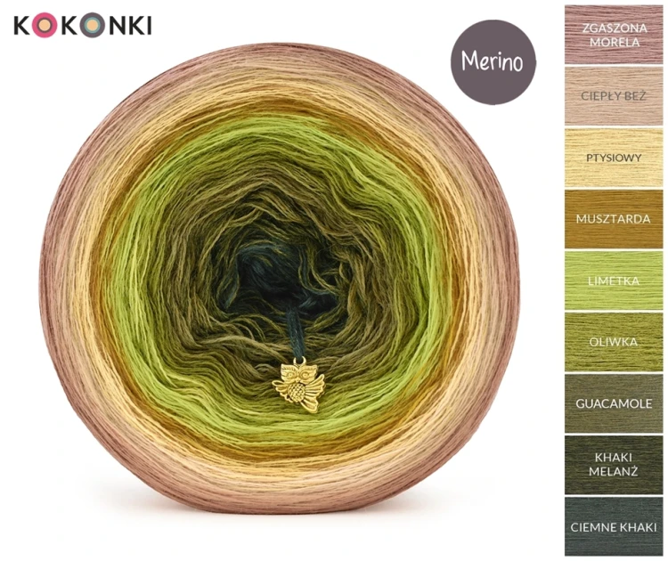 KOKONEK Merino 9K 29 - Zgaszona morela/ciepły beż/ptysiowy/musztarda/limetka/oliwka/guacamole/khaki melanż/ciemne khaki / 3 nitki / 1400 m / 300 g