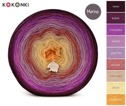 KOKONEK Merino 9K 25 - Wino/burak/cyklamen/wrzos/ametyst/malwa/ciepły beż/żółty/kurkuma / 3 nitki / 1400 m / 300 g