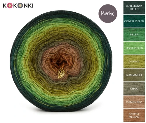KOKONEK Merino 9K 24 - Butelkowa zieleń/ciemna zieleń/zieleń/jasna zieleń/oliwka/guacamole/khaki/ciemny beż/karmel melanż / 3 nitki / 1400 m / 300 g