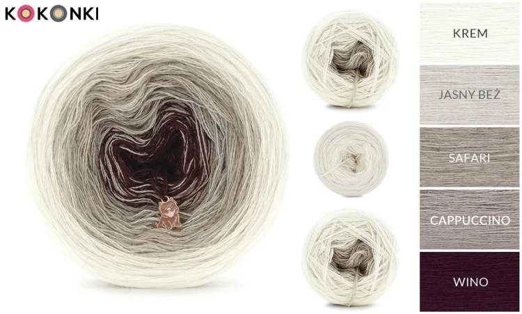 Zestaw na sweter/kardigan Nathalie od Kotek i motek 02 / Kokonki Merino / Krem/jasny beż/safari/cappuccino/wino