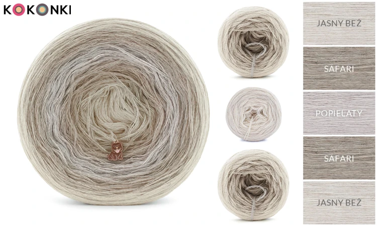 Zestaw na sweter/kardigan Nathalie od Kotek i motek 08 / Kokonki Merino / Jasny beż/safari/popielaty/safari/jasny beż