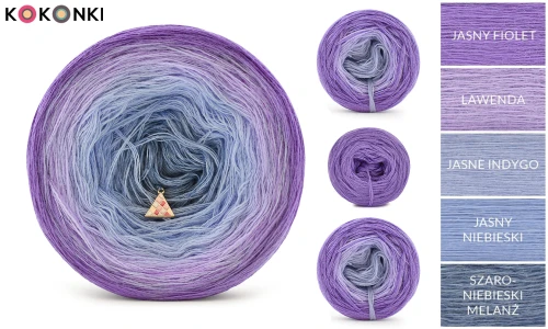 Zestaw na sweter/kardigan Nathalie od Kotek i motek 11 / Kokonki Merino / Jasny fiolet/lawenda/jasne indygo/jasny niebieski/szaroniebieski melanż