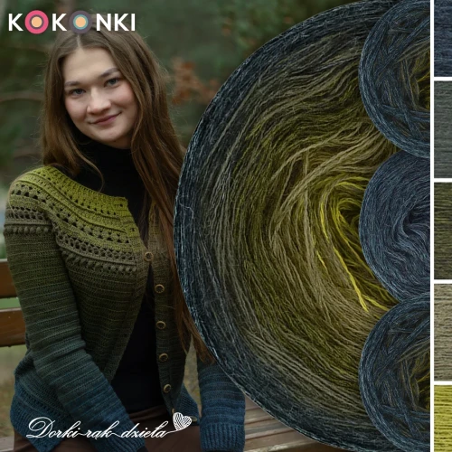 Zestaw na sweter/kardigan Nathalie od Kotek i motek 12 / Kokonki Merino / Petrol melanż/ciemne khaki/khaki melanż/khaki/oliwka