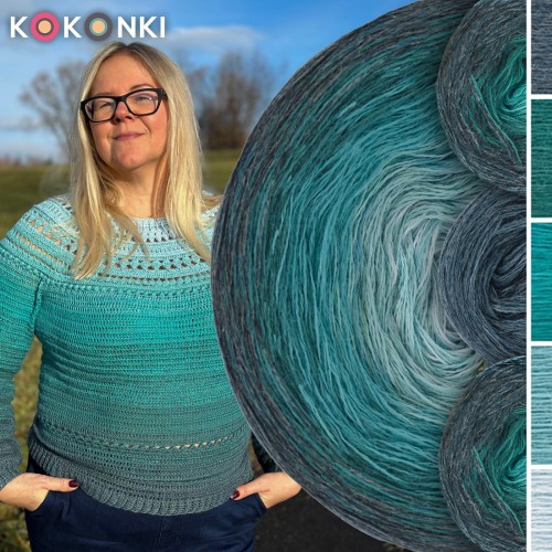 Zestaw na sweter/kardigan Nathalie od Kotek i motek 09 / Kokonki Merino / Patyna melanż/morski/szmaragd/patyna/lodowy błękit