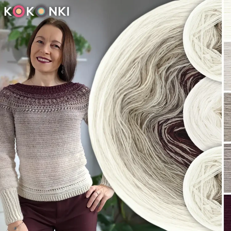 Zestaw na sweter/kardigan Nathalie od Kotek i motek 02 / Kokonki Merino / Krem/jasny beż/safari/cappuccino/wino + wzór PDF