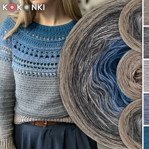 Zestaw na sweter/kardigan Nathalie od Kotek i motek 01 / Kokonki Merino / Orzech melanż/średni szary melanż/szary melanż/szaro-niebieski melanż/petrol II